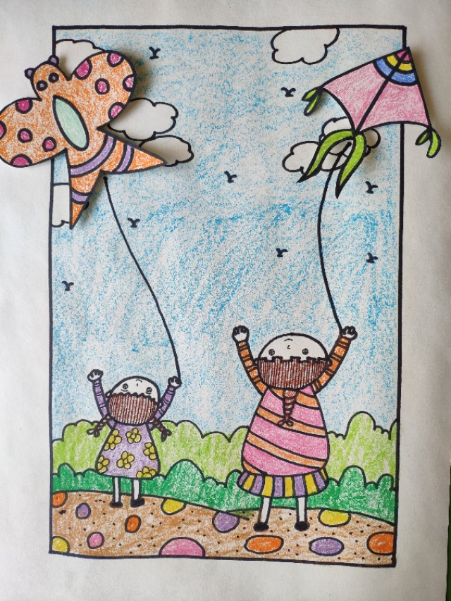 两个小孩放风筝的简笔画（小孩放风筝创意儿童彩色画教学步骤）