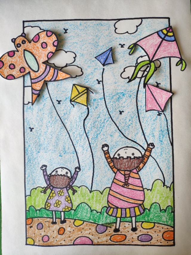 两个小孩放风筝的简笔画（小孩放风筝创意儿童彩色画教学步骤）